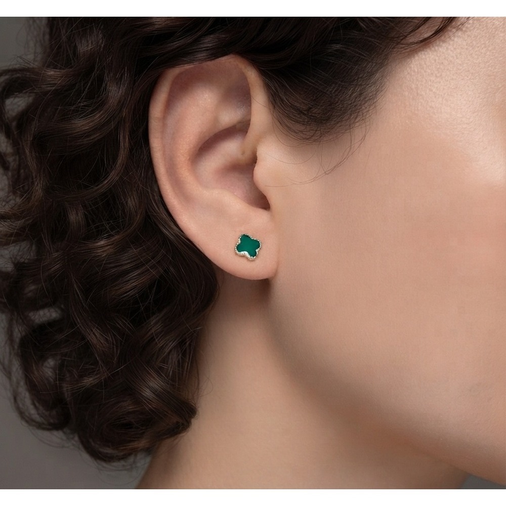 14K Gold Green Clover Enamel Stud Earrings Dainty Jewelry